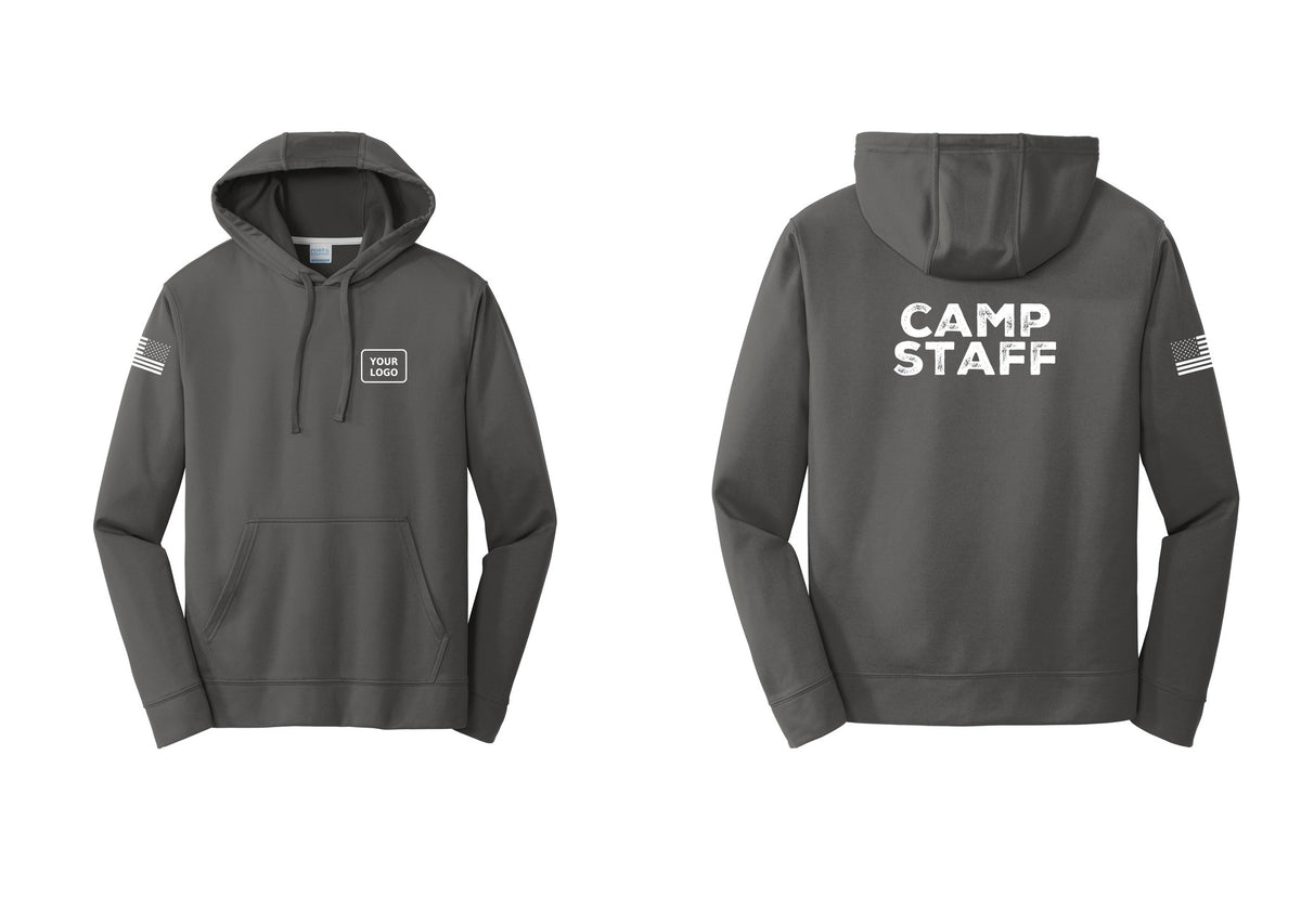 NYC Factory Custom Logo Camp Staff Performance Hooded Fleece Pullover Sweatshirt (Rustic) - Your Logo + Back + US Flag Sleeve - Charcoal