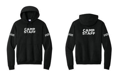 NYC Factory Camp Staff Cotton Fleece Pullover Hoodie (Rustic) - Front + Back + Camp Staff Sleeves - Black