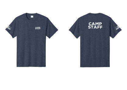 NYC Factory Camp Staff T-Shirt - Chest + Back + US Flag Sleeve - Heather Navy