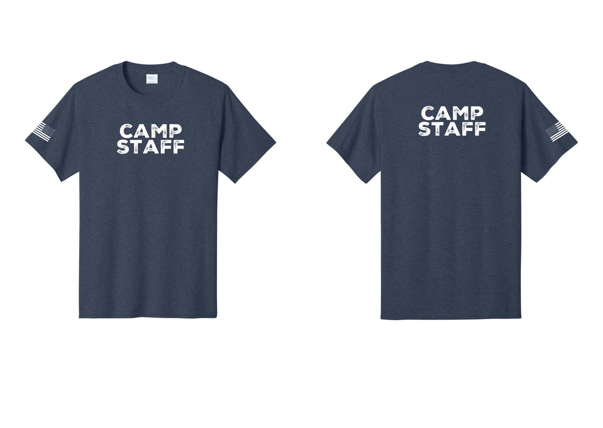 NYC Factory Camp Staff T-Shirt - Front + Back + US Flag Sleeve - Heather Navy