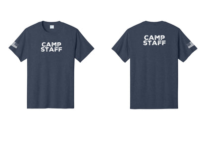 NYC Factory Unisex Camp Staff Charcoal T-Shirt - Front + Back + US Flag Sleeve - Heather Navy