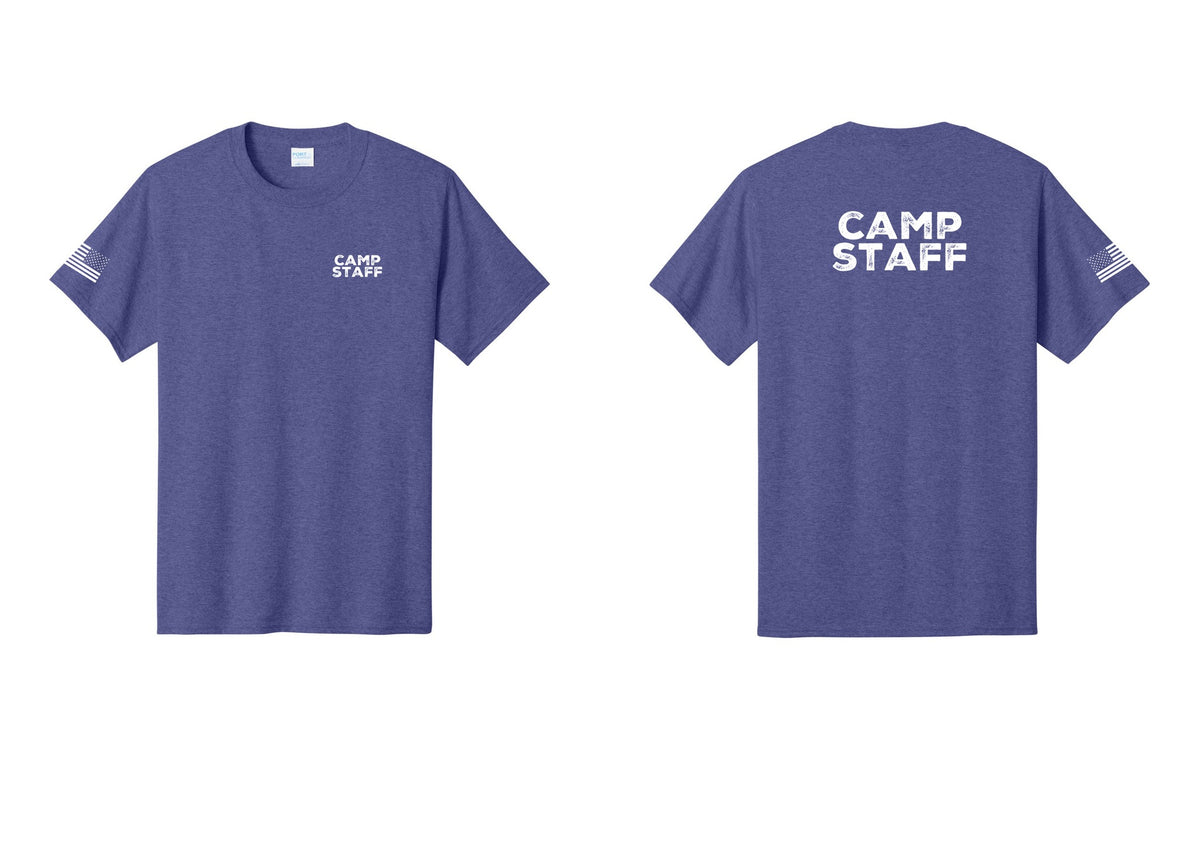 NYC Factory Camp Staff T-Shirt - Chest + Back + US Flag Sleeve - Heather Purple