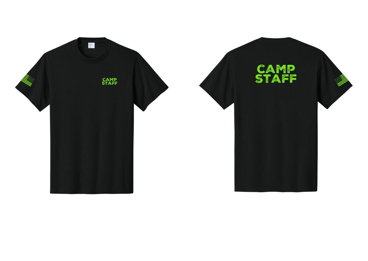 NYC Factory Camp Staff T-Shirt - Chest + Back + US Flag Sleeve - Black / Neon