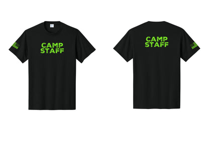 NYC Factory Camp Staff T-Shirt - Front + Back + US Flag Sleeve - Black / Neon