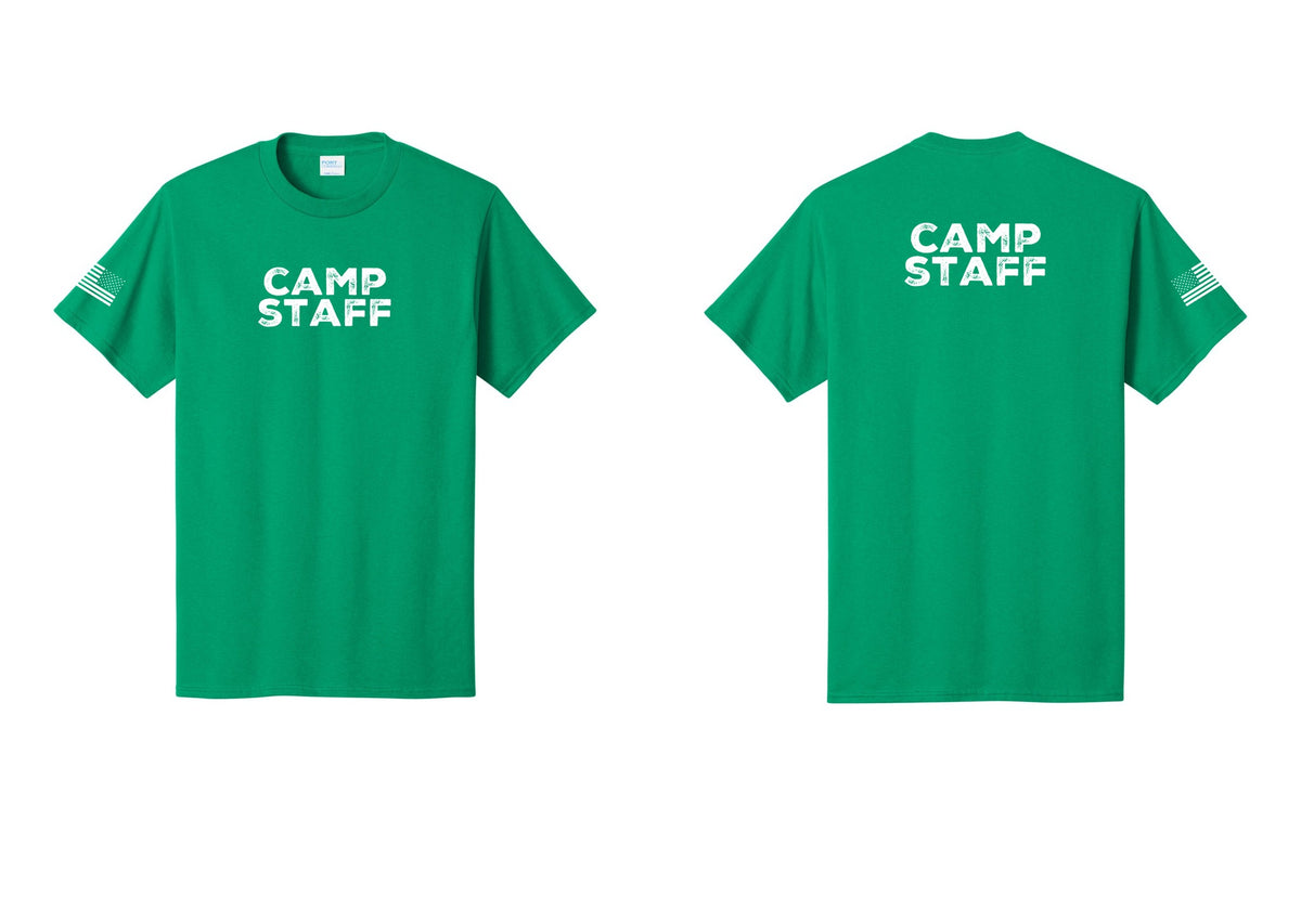 NYC Factory Unisex Camp Staff Charcoal T-Shirt - Front + Back + US Flag Sleeve - Kelly