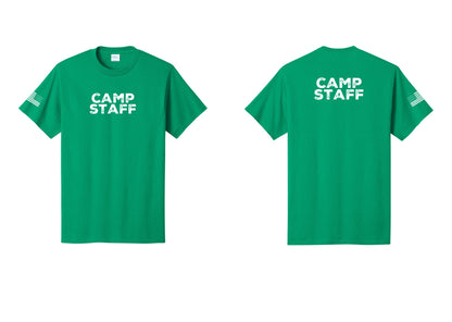 NYC Factory Unisex Camp Staff Charcoal T-Shirt - Front + Back + US Flag Sleeve - Kelly