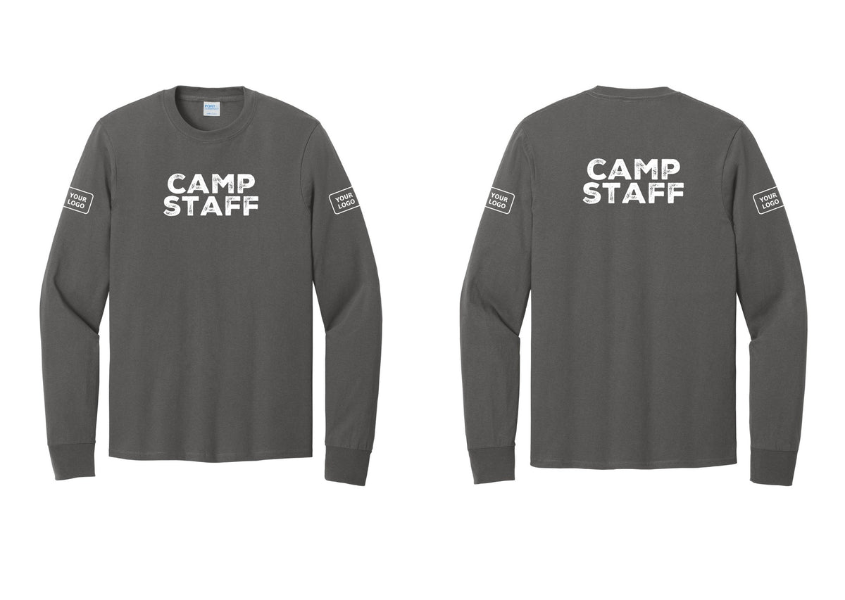 NYC Factory Custom Logo Camp Staff Cotton Long Sleeve T-Shirt (Rustic) - Front + Back + Your Logo Sleeves - Charcoal