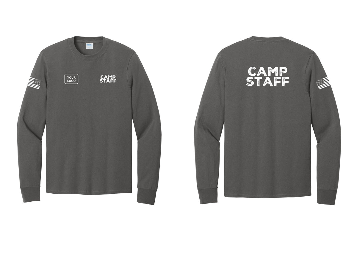 NYC Factory Custom Logo Camp Staff Cotton Long Sleeve T-Shirt (Rustic) - CAMP STAFF + Your Logo + Back + US Flag Sleeve - Charcoal