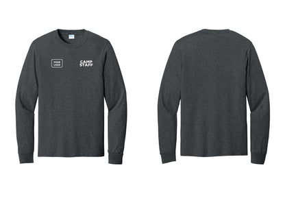 NYC Factory Custom Logo Camp Staff Cotton Long Sleeve T-Shirt (Rustic) - CAMP STAFF + Your Logo - Dark Heather Grey