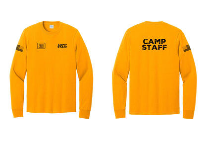 NYC Factory Custom Logo Camp Staff Cotton Long Sleeve T-Shirt (Rustic) - CAMP STAFF + Your Logo + Back + US Flag Sleeve - Gold