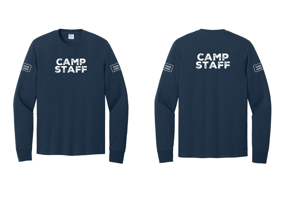 NYC Factory Custom Logo Camp Staff Cotton Long Sleeve T-Shirt (Rustic) - Front + Back + Your Logo Sleeves - Navy