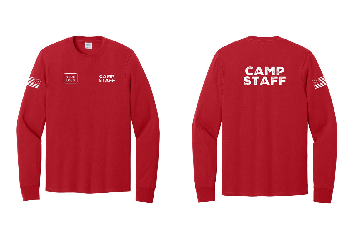 NYC Factory Custom Logo Camp Staff Cotton Long Sleeve T-Shirt (Rustic) - CAMP STAFF + Your Logo + Back + US Flag Sleeve - Red