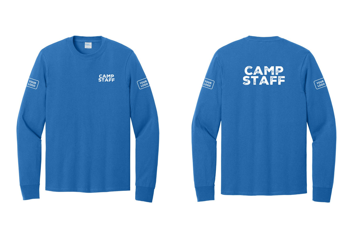 NYC Factory Custom Logo Camp Staff Cotton Long Sleeve T-Shirt (Rustic) - Chest + Back + Your Logo Sleeves - Royal
