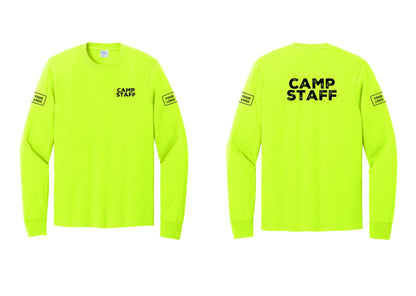 NYC Factory Custom Logo Camp Staff Cotton Long Sleeve T-Shirt (Rustic) - Chest + Back + Your Logo Sleeves - Safety Green