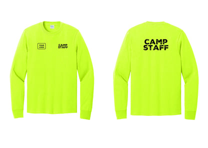 NYC Factory Custom Logo Camp Staff Cotton Long Sleeve T-Shirt (Rustic) - CAMP STAFF + Your Logo + Back - Safety Green