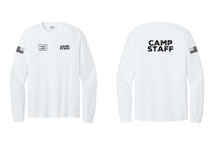 NYC Factory Custom Logo Camp Staff Cotton Long Sleeve T-Shirt (Rustic) - CAMP STAFF + Your Logo + Back + US Flag Sleeve - White