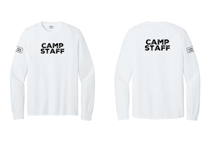 NYC Factory Custom Logo Camp Staff Cotton Long Sleeve T-Shirt (Rustic) - Front + Back + Your Logo Sleeve - White