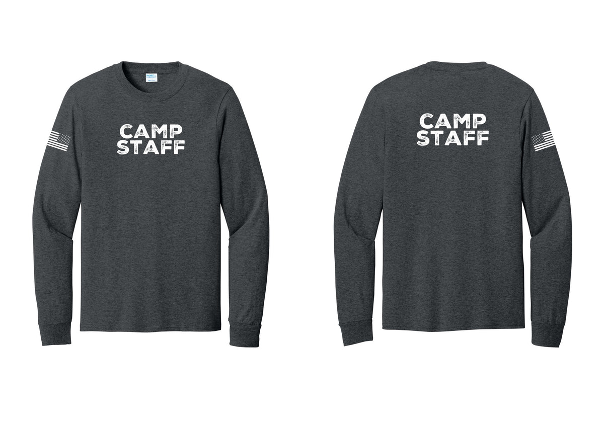 NYC Factory Camp Staff Cotton Long Sleeve T-Shirt (Rustic) - Front + Back + US Flag Sleeve - Dark Heather Grey