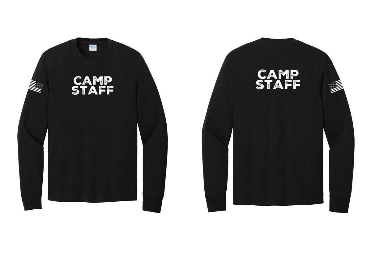 NYC Factory Camp Staff Cotton Long Sleeve T-Shirt (Rustic) - Front + Back + US Flag Sleeve - Black