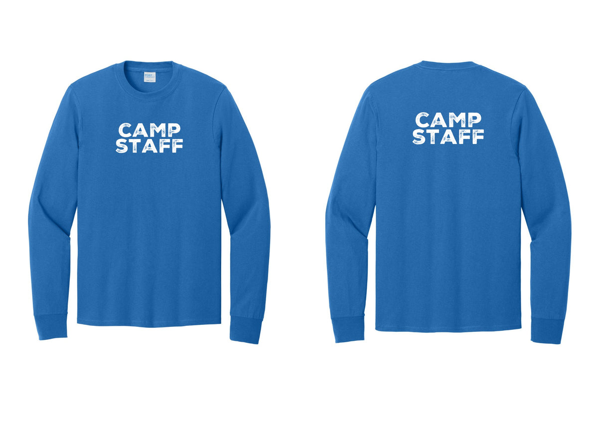 NYC Factory Camp Staff Cotton Long Sleeve T-Shirt (Rustic) - Front + Back - Royal