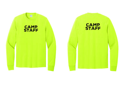 NYC Factory Camp Staff Cotton Long Sleeve T-Shirt (Rustic) - Front + Back - Safety Green