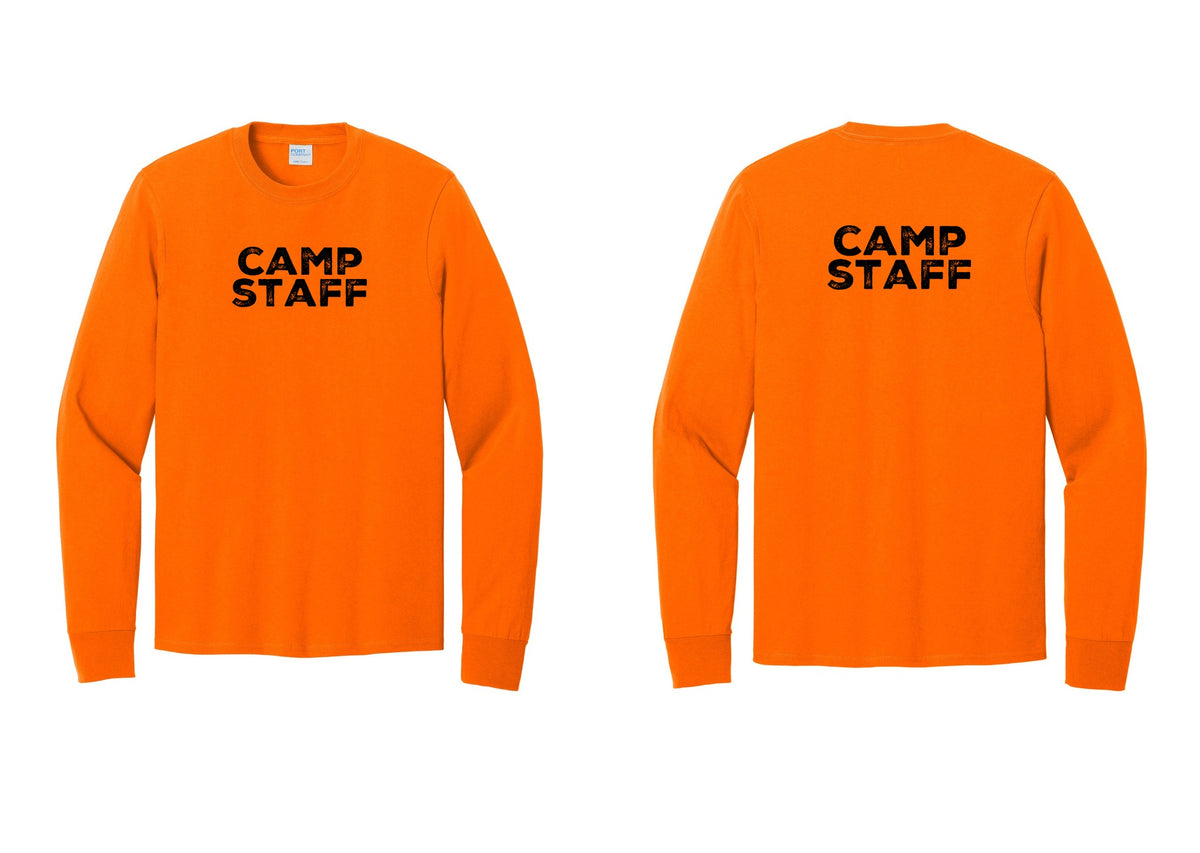 NYC Factory Camp Staff Cotton Long Sleeve T-Shirt (Rustic) - Front + Back - Safety Orange