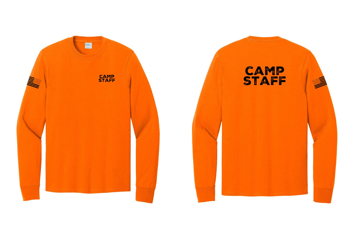 NYC Factory Camp Staff Cotton Long Sleeve T-Shirt (Rustic) - Chest + Back + US Flag Sleeve - Safety Orange