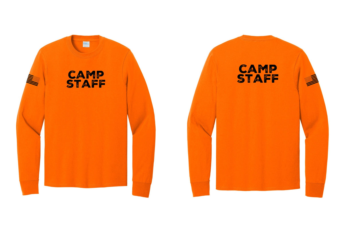 NYC Factory Camp Staff Cotton Long Sleeve T-Shirt (Rustic) - Front + Back + US Flag Sleeve - Safety Orange