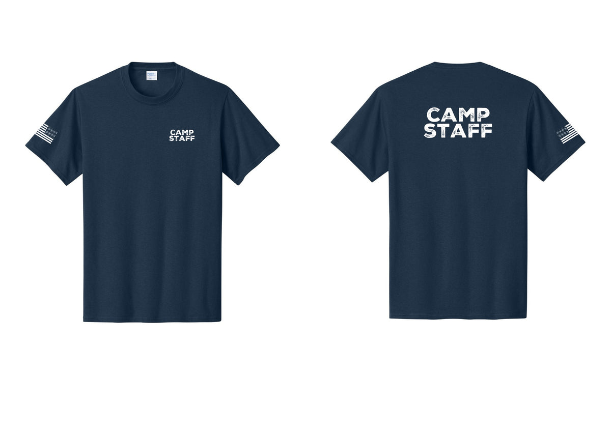 NYC Factory Camp Staff T-Shirt - Chest + Back + US Flag Sleeve - Navy