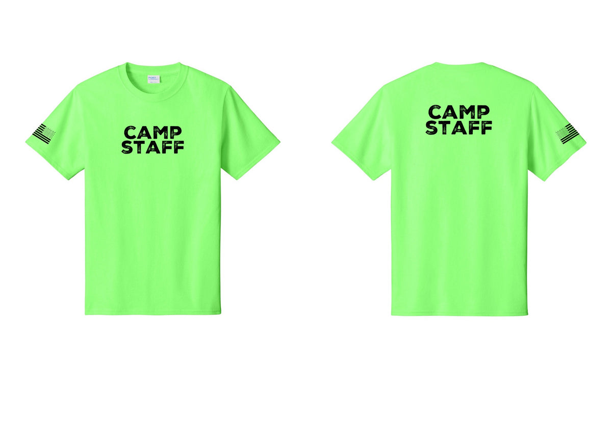 NYC Factory Unisex Camp Staff Charcoal T-Shirt - Front + Back + US Flag Sleeve - Neon Green