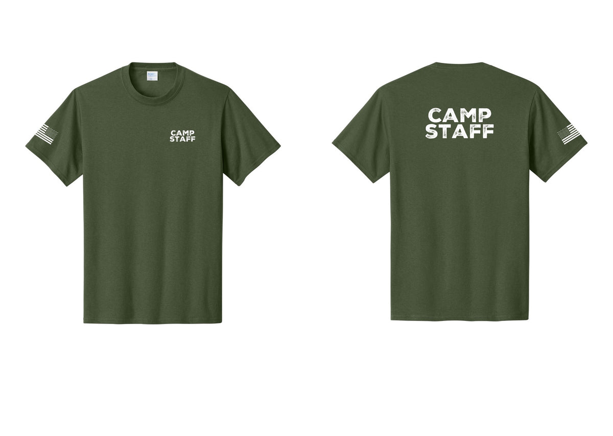 NYC Factory Camp Staff T-Shirt - Chest + Back + US Flag Sleeve - Olive