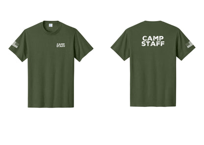 NYC Factory Camp Staff T-Shirt - Chest + Back + US Flag Sleeve - Olive