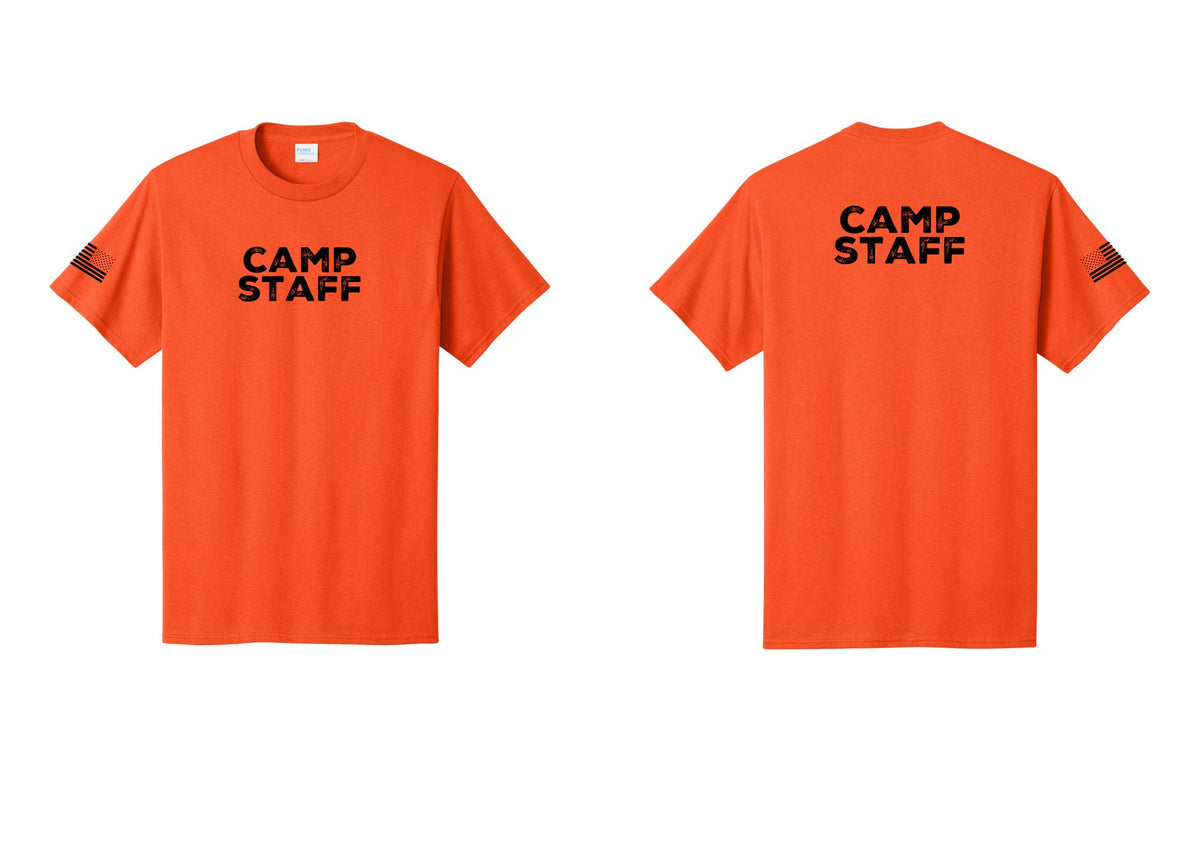 NYC Factory Unisex Camp Staff Charcoal T-Shirt - Front + Back + US Flag Sleeve - Orange