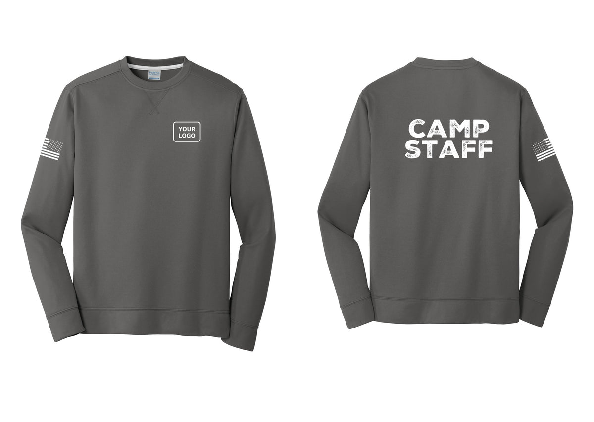 NYC Factory Custom Logo Camp Staff Performance Fleece Crewneck Sweatshirt (Rustic) - Your Logo + Back + US Flag Sleeve - Charcoal