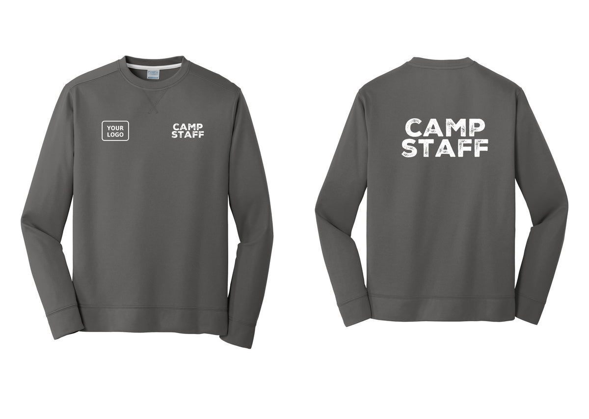 NYC Factory Custom Logo Camp Staff Performance Fleece Crewneck Sweatshirt (Rustic) - CAMP STAFF + Your Logo + Back - Charcoal