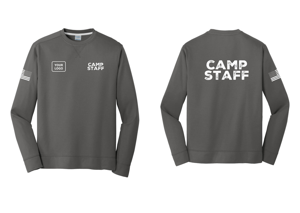 NYC Factory Custom Logo Camp Staff Performance Fleece Crewneck Sweatshirt (Rustic) - CAMP STAFF + Your Logo + Back + US Flag Sleeve - Charcoal