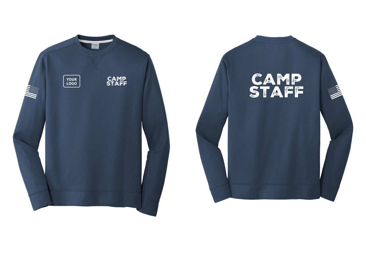 NYC Factory Custom Logo Camp Staff Performance Fleece Crewneck Sweatshirt (Rustic) - CAMP STAFF + Your Logo + Back + US Flag Sleeve - Navy