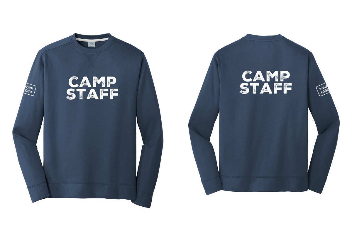 NYC Factory Custom Logo Camp Staff Performance Fleece Crewneck Sweatshirt (Rustic) - Front + Back + Your Logo Sleeve - Navy