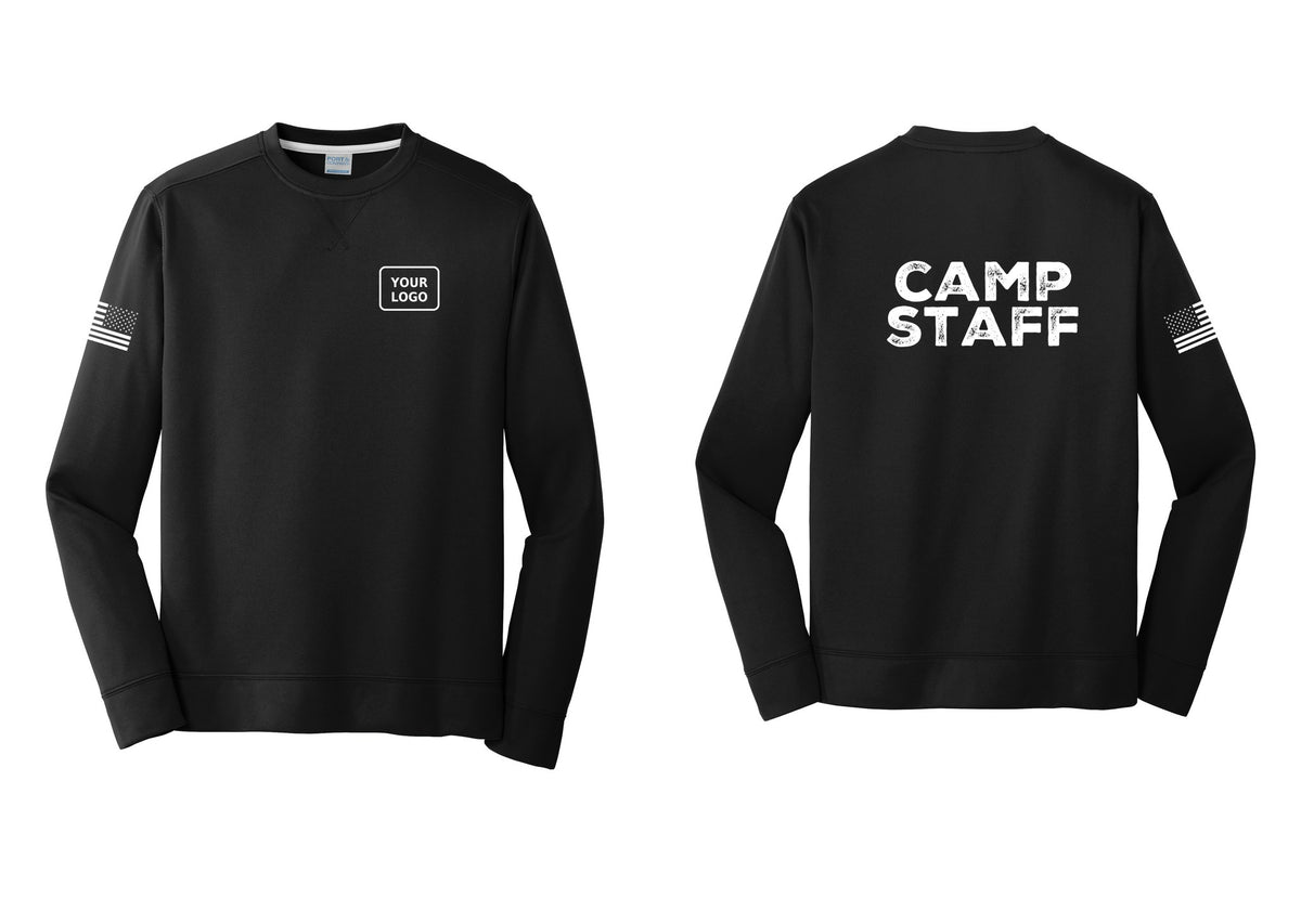 NYC Factory Custom Logo Camp Staff Performance Fleece Crewneck Sweatshirt (Rustic) - Your Logo + Back + US Flag Sleeve - Black