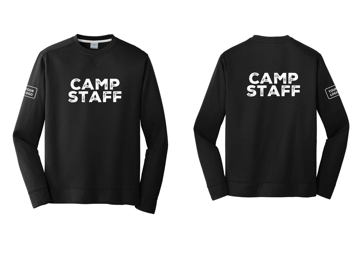 NYC Factory Custom Logo Camp Staff Performance Fleece Crewneck Sweatshirt (Rustic) - Front + Back + Your Logo Sleeve - Black