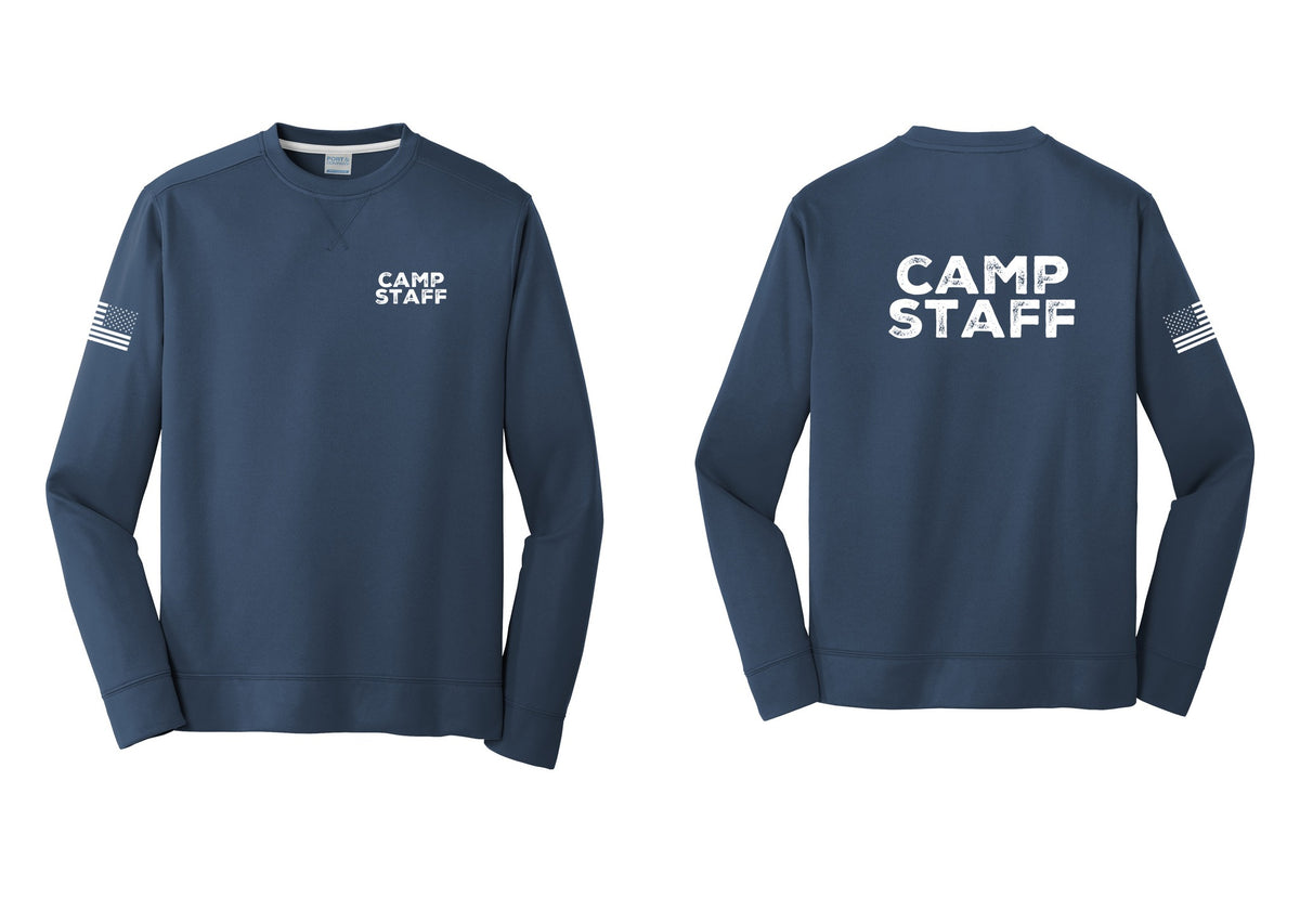 NYC Factory Camp Staff Performance Fleece Crewneck Sweatshirt (Rustic) - Chest + Back + US Flag Sleeve - Navy