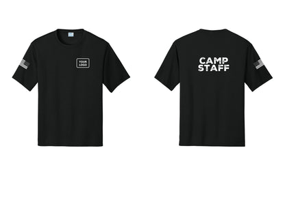 NYC Factory Custom Logo Camp Staff Performance T-Shirt (Rustic) - Your Logo + Back + US Flag Sleeve - Black