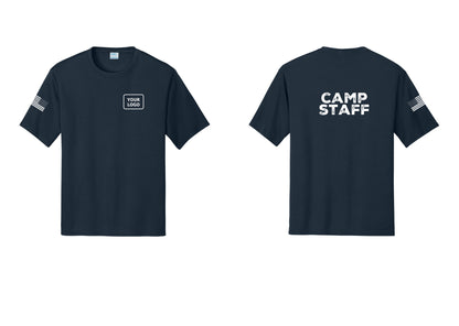NYC Factory Custom Logo Camp Staff Performance T-Shirt (Rustic) - Your Logo + Back + US Flag Sleeve - Navy