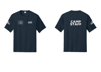 NYC Factory Custom Logo Camp Staff Performance T-Shirt (Rustic) - CAMP STAFF + Your Logo + Back + US Flag Sleeve - Navy