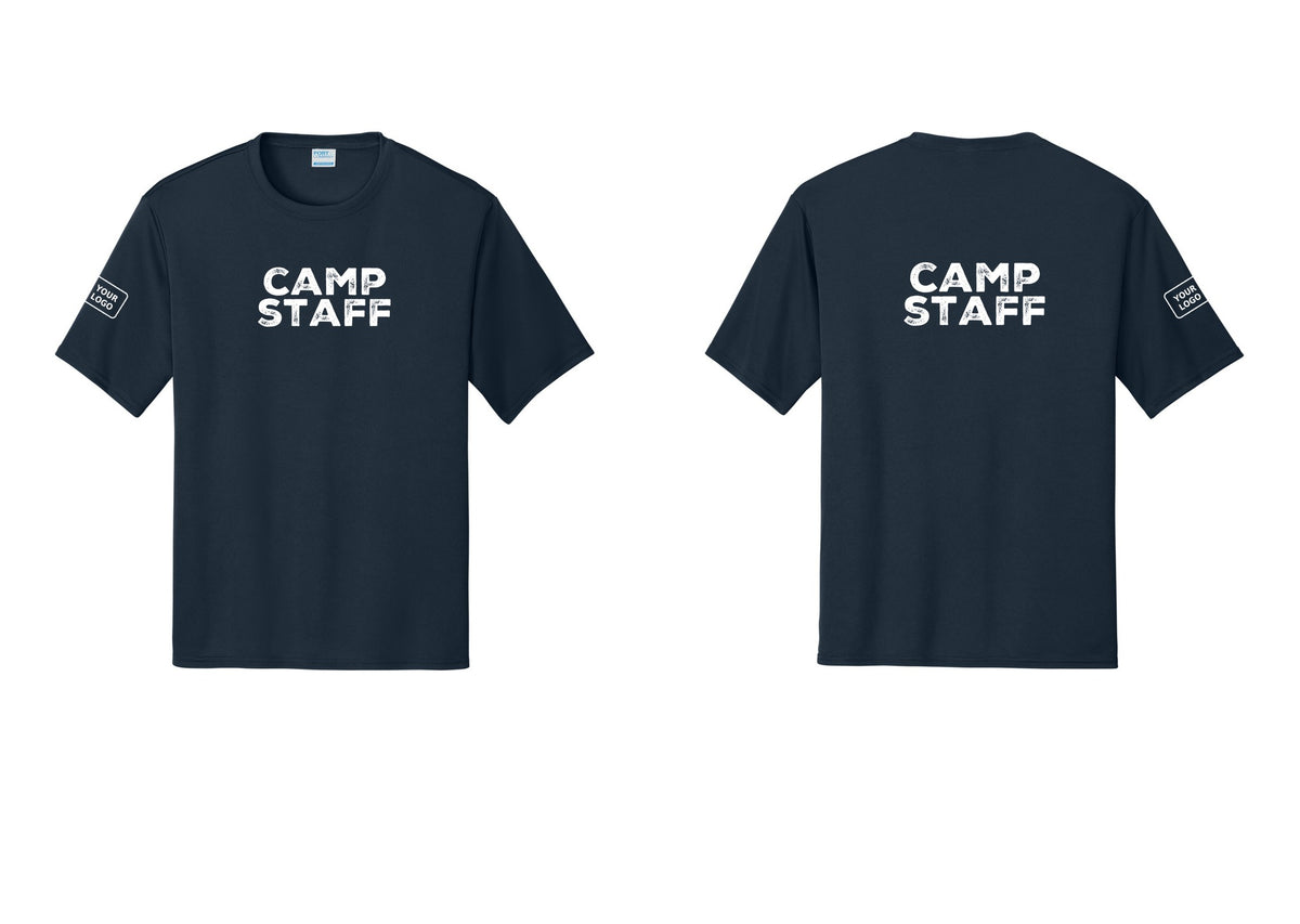 NYC Factory Custom Logo Camp Staff Performance T-Shirt (Rustic) - Front + Back + Your Logo Sleeve - Navy