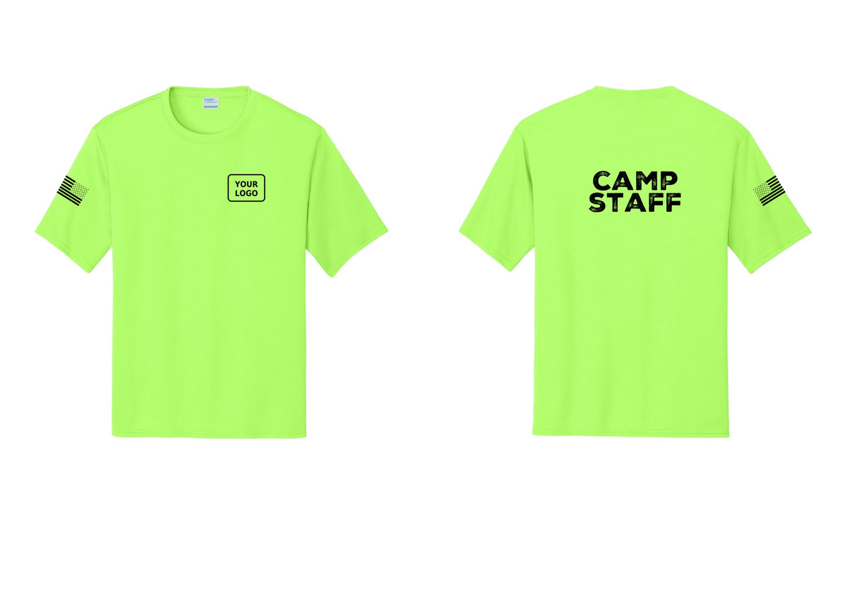 NYC Factory Custom Logo Camp Staff Performance T-Shirt (Rustic) - Your Logo + Back + US Flag Sleeve - Neon Green