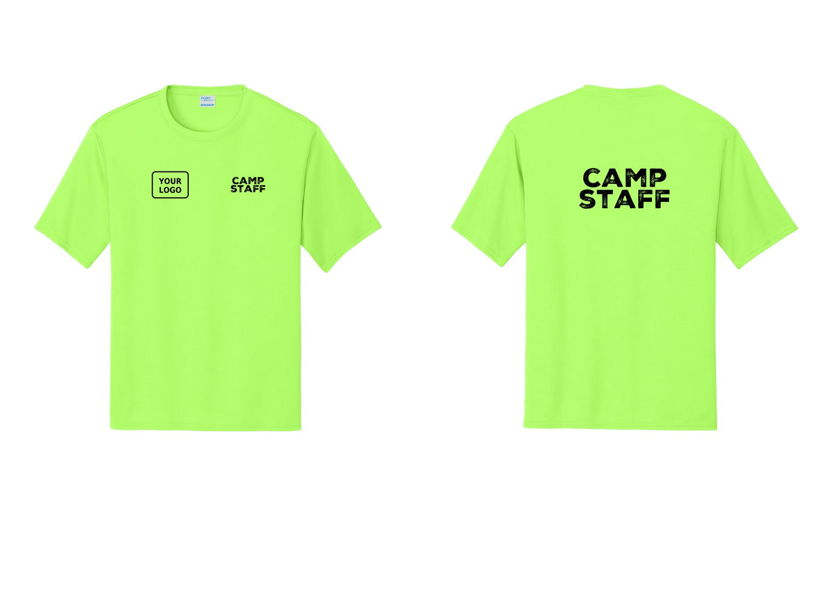 NYC Factory Custom Logo Camp Staff Performance T-Shirt (Rustic) - CAMP STAFF + Your Logo + Back - Neon Green
