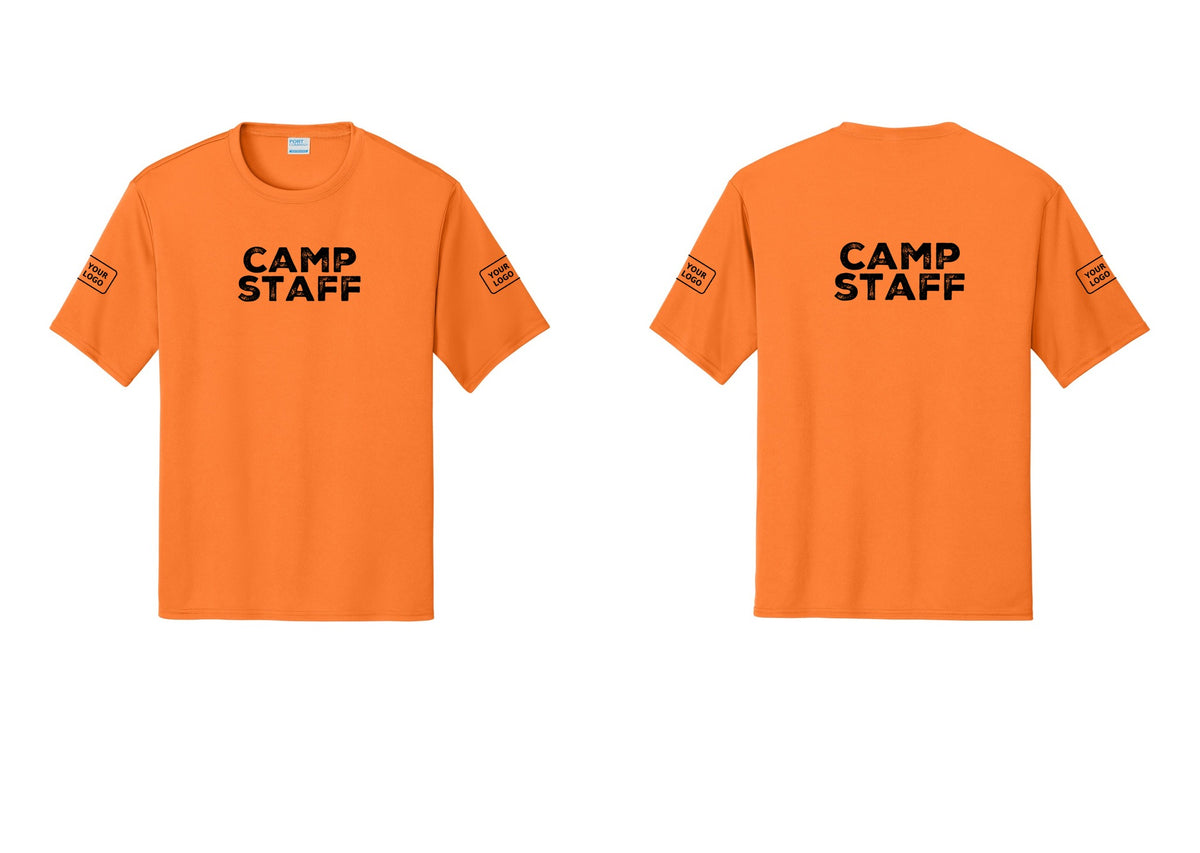 NYC Factory Custom Logo Camp Staff Performance T-Shirt (Rustic) - Front + Back + Your Logo Sleeves - Neon Orange