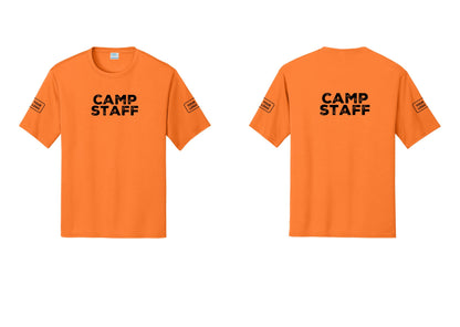 NYC Factory Custom Logo Camp Staff Performance T-Shirt (Rustic) - Front + Back + Your Logo Sleeves - Neon Orange