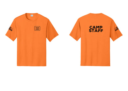 NYC Factory Custom Logo Camp Staff Performance T-Shirt (Rustic) - Your Logo + Back + US Flag Sleeve - Neon Orange